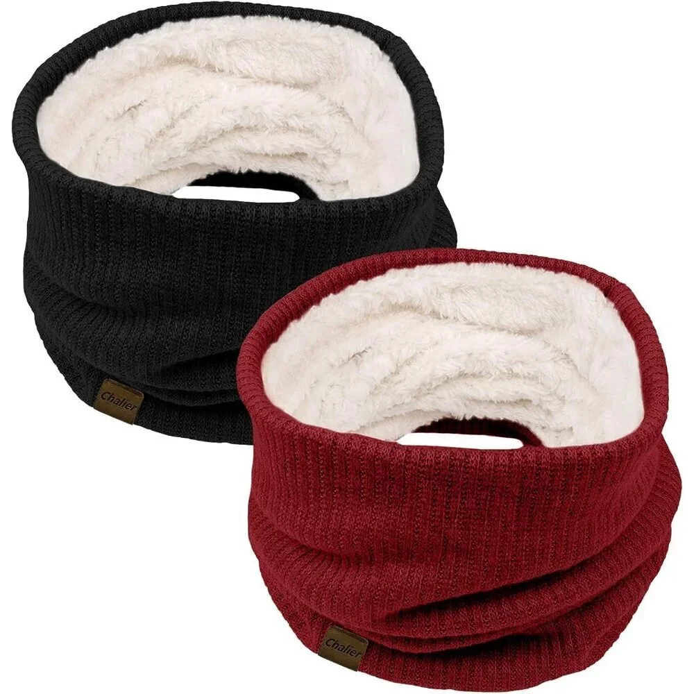 Women's H-black + red Scarf Winter Double-Layer Neck Warmer Knit Fleece